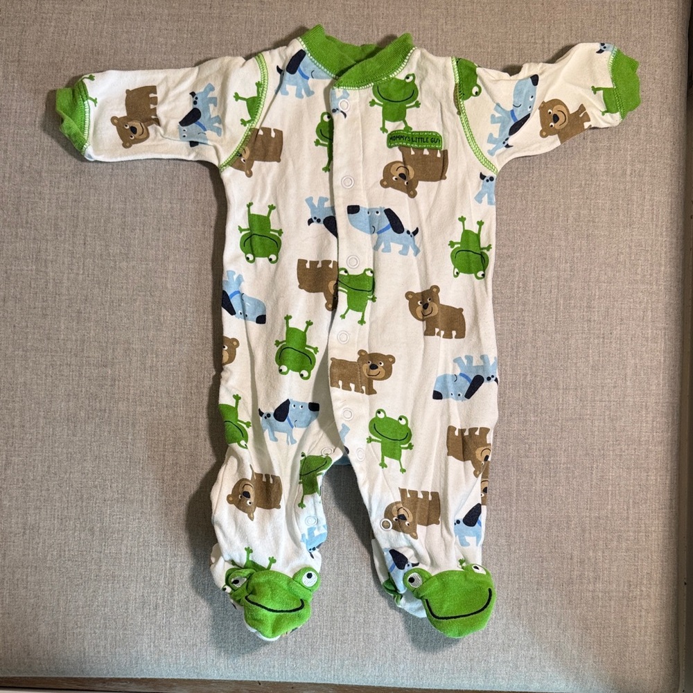 Child of Mine White and Green Animal Print Footie